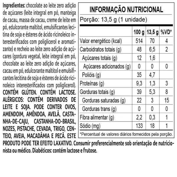 Bombom Bless Zero Adição de Açúcar ao Leite 13,5g - foto 2