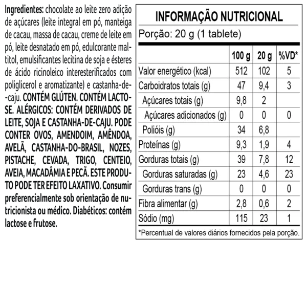 Tablete Bless Zero Adição de Açúcar Castanha de Cajú 20g - foto 2