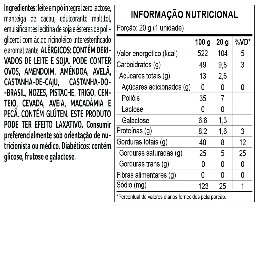 Tablete Bless Zero Açúcar e Zero Lactose de Chocolate Branco 20g - foto 2